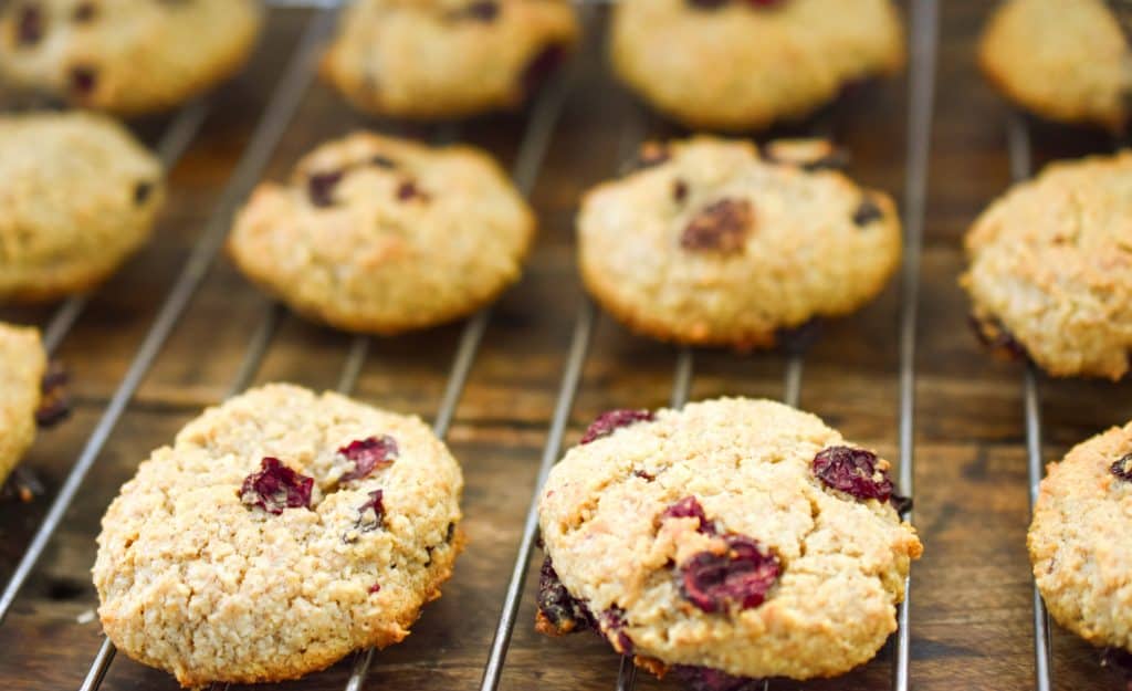 keto oatmeal dried cranberry cookies on cooling rack