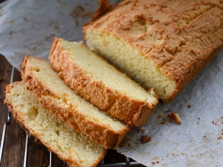 Keto white sandwich loaf sliced and on cooling rack