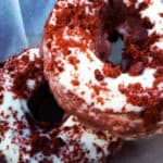 keto red velvet donuts close up stacked on plate