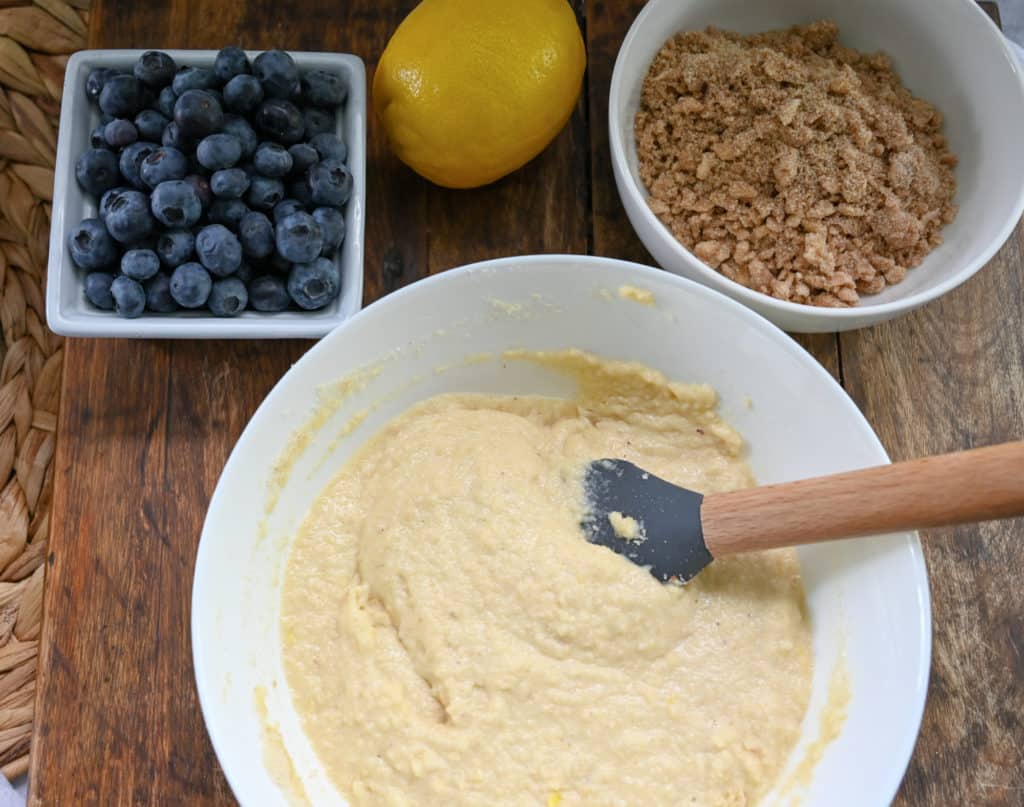 keto blueberry buckle cake being made