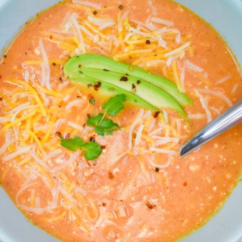 keto chicken taco soup in blue bowl up close