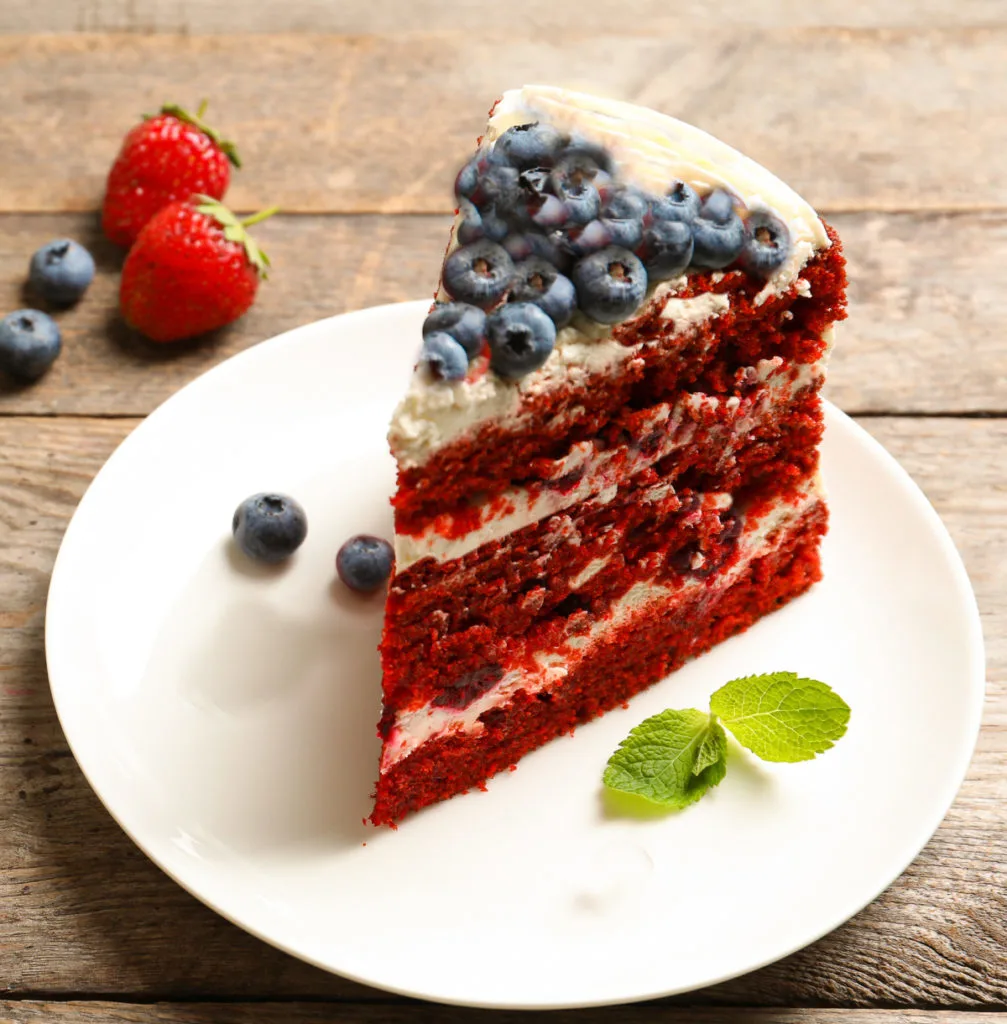 keto-friendly red velvet cake served on a white plate