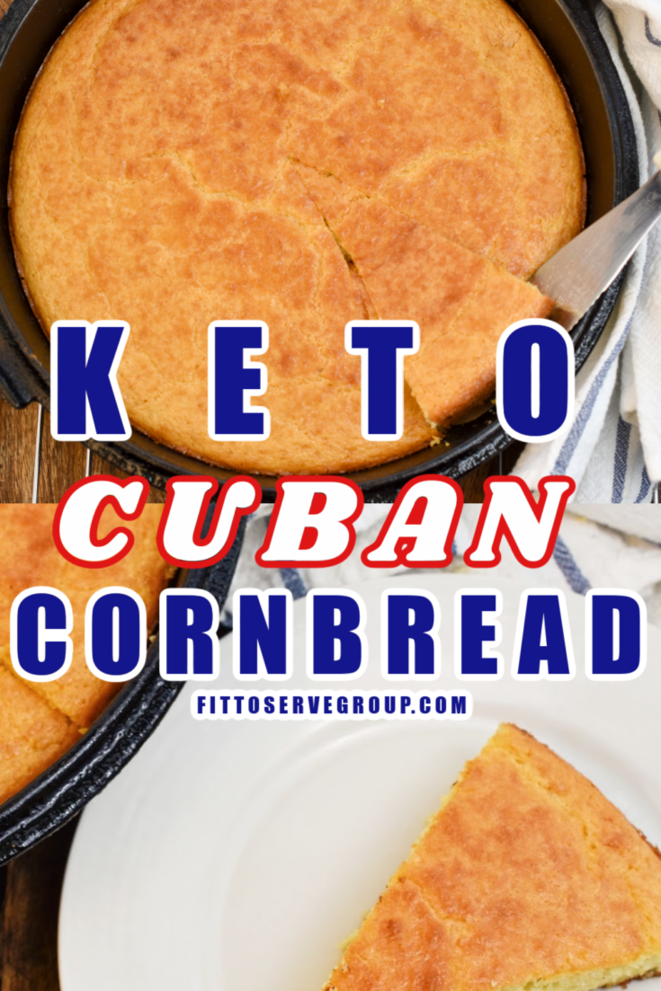 Keto Cuban Cornbread baked in a cast-iron skillet and served on a small white plate