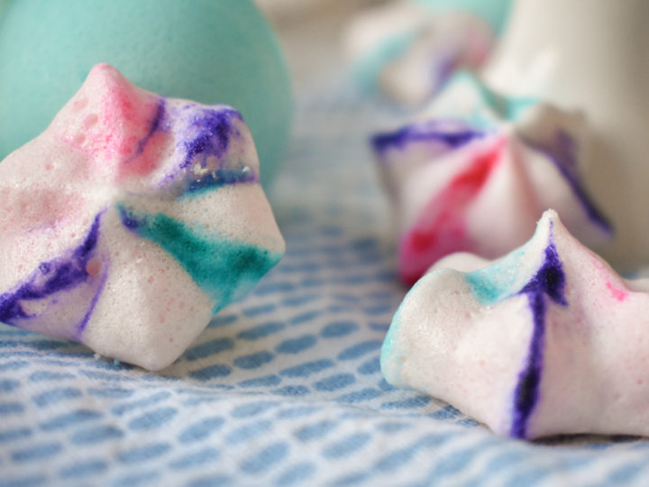 keto french meringues on blue and white towel close up