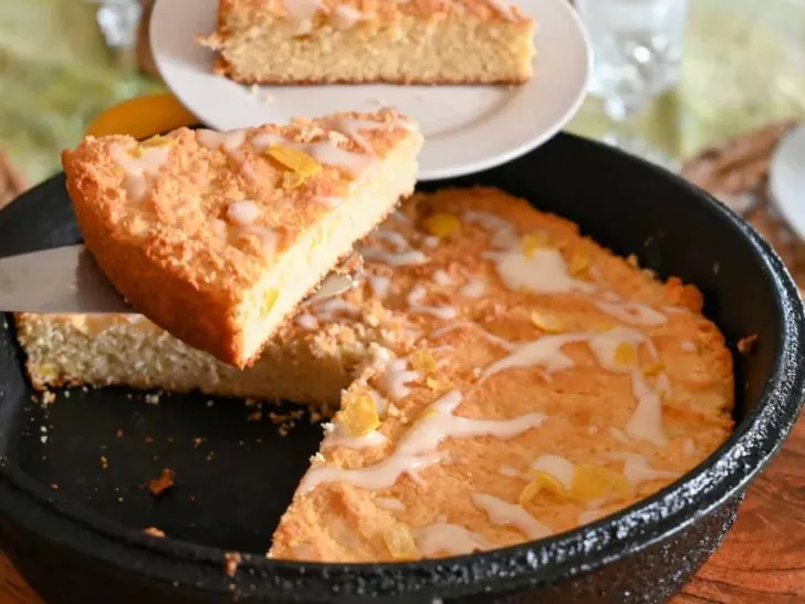 keto lemon scones baked in a cast-iron skillet being served
