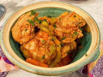 keto chicken fricassee served in a clay vessel