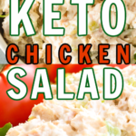 Close up images of keto chicken salad served on bed of romaine lettuce