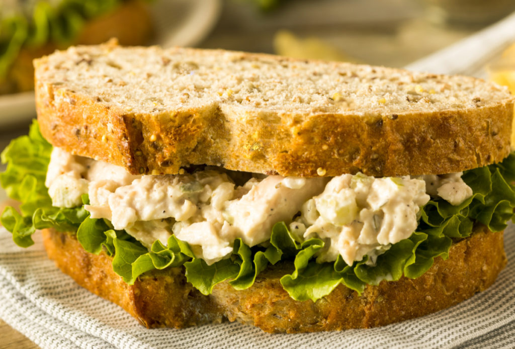 Keto-friendly chicken salad sandwich using a keto high fiber bread