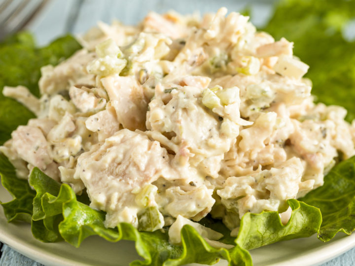 keto friendly chicken salad on a bed of greens