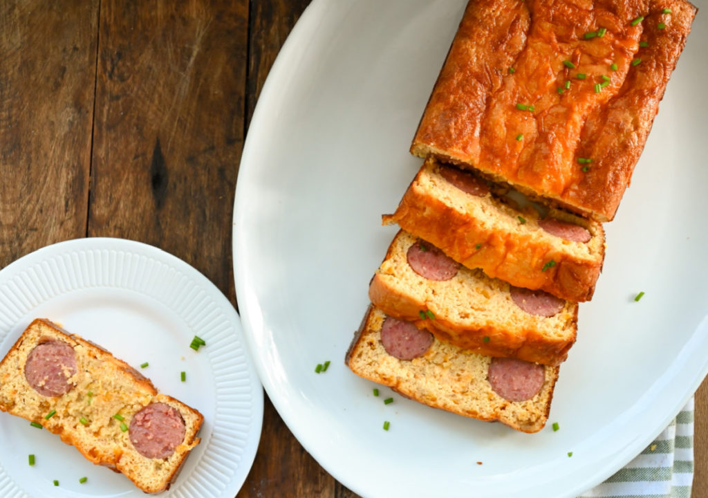 ow-carb kielbasa cornbread sliced on a white plater