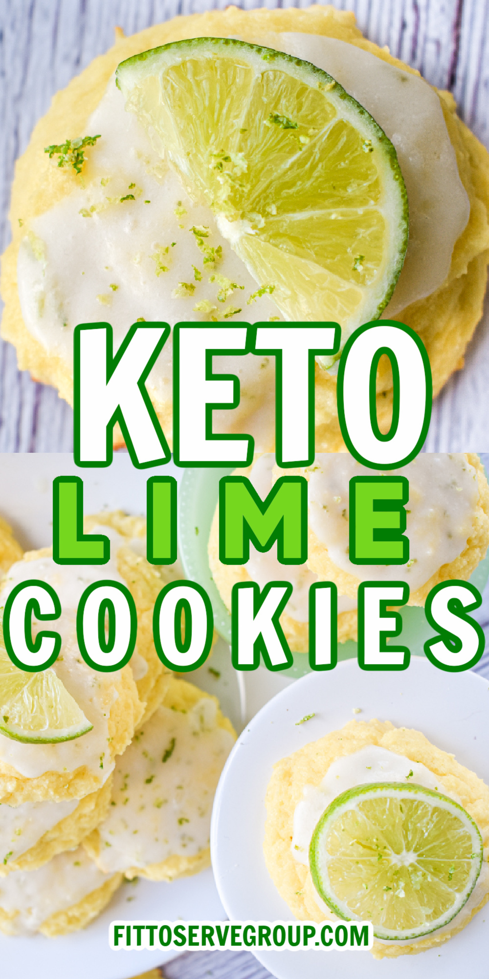 keto lime cookies displayed on white plates and sliced limes