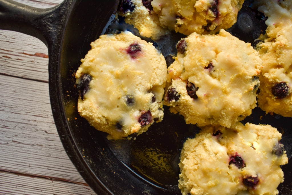 Keto blueberry biscuits cooked in cast iron skillet