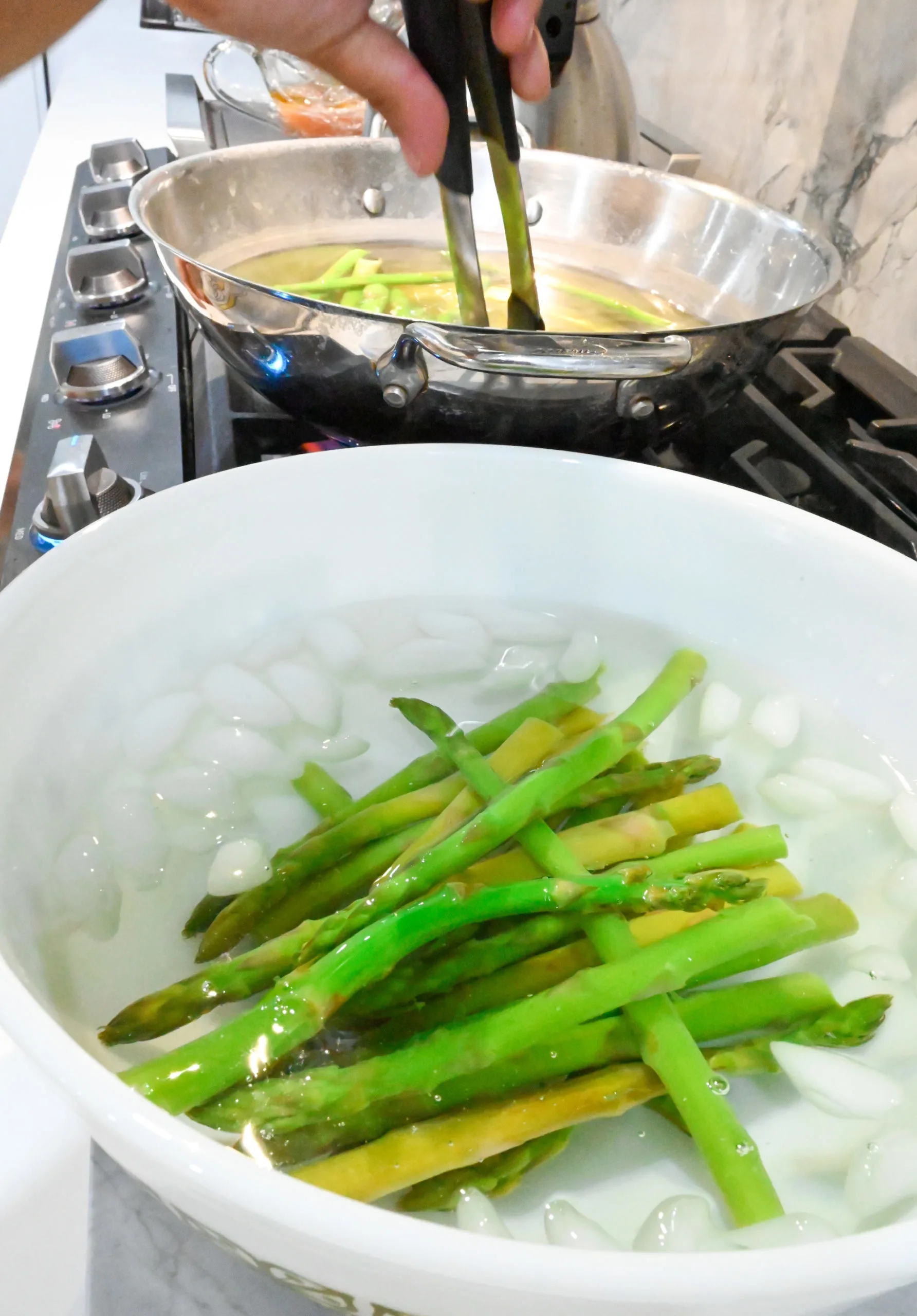 asparagus blanched and added to ice water