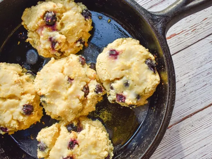 keto bluberry biscuits in cast iron skillet