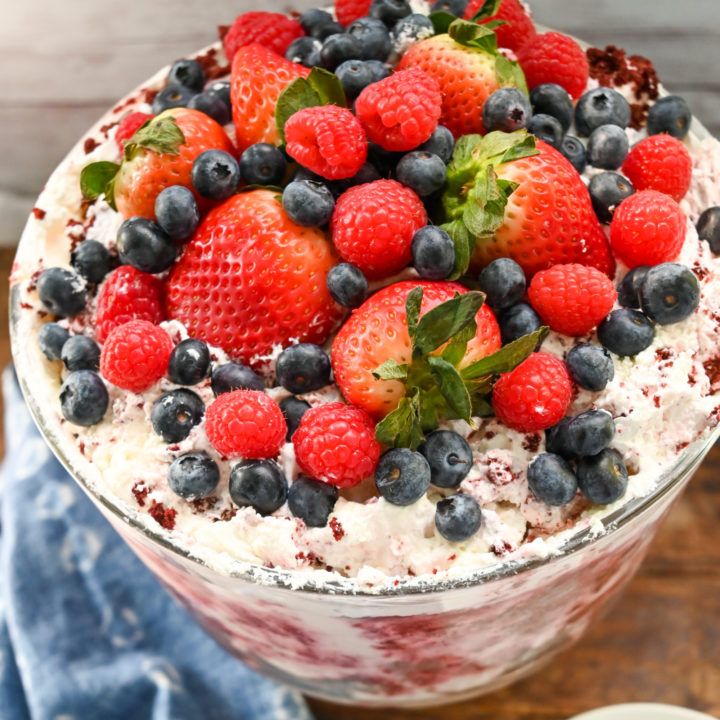 keto red velvet trifle with mixed berries top view