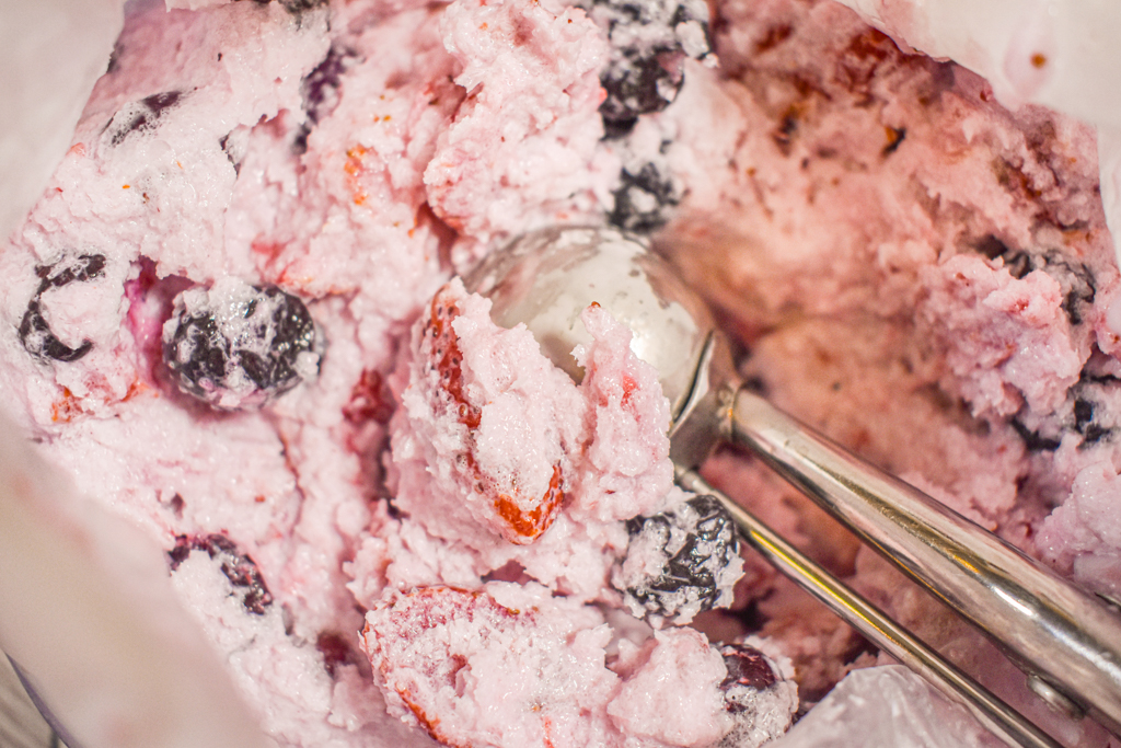 5 minute keto berry ice cream with scoop close up