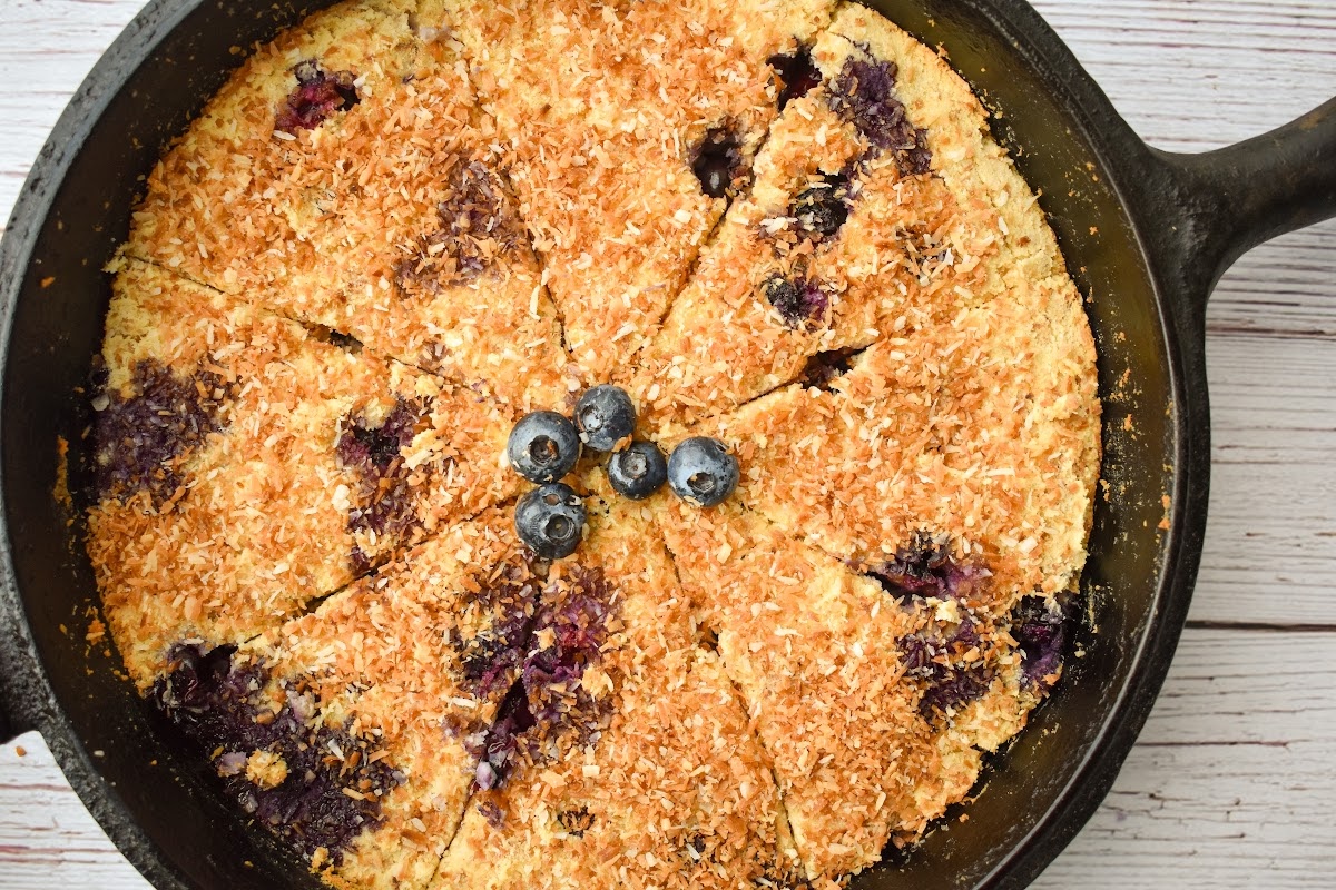 Keto Blueberry Toasted Coconut Skillet Cake