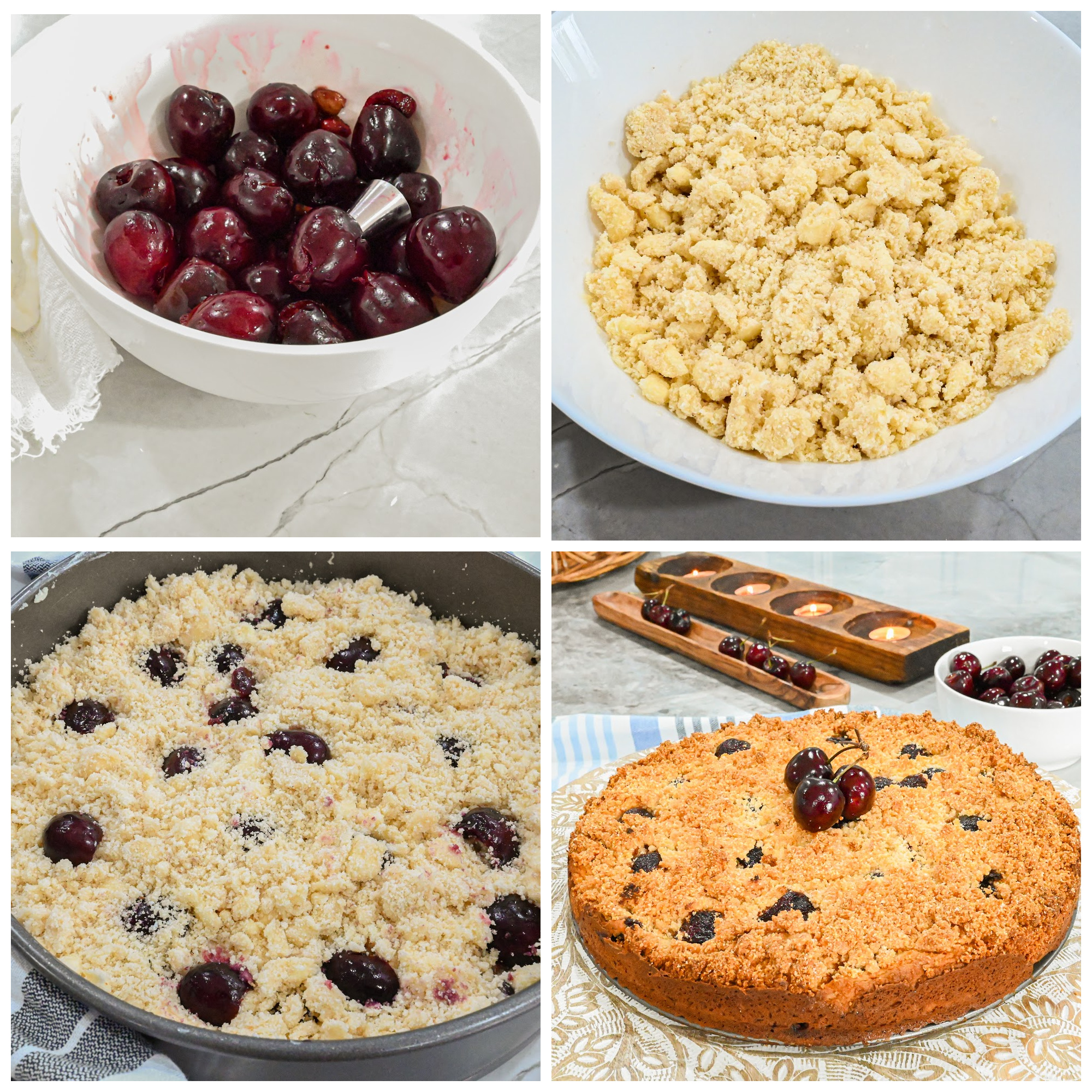 keto cherry coffee cake process collage