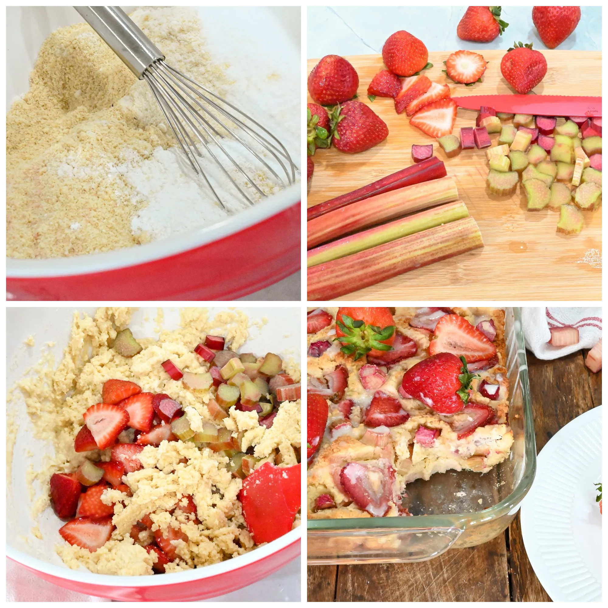 keto strawberry rhubarb cake process pictures collage