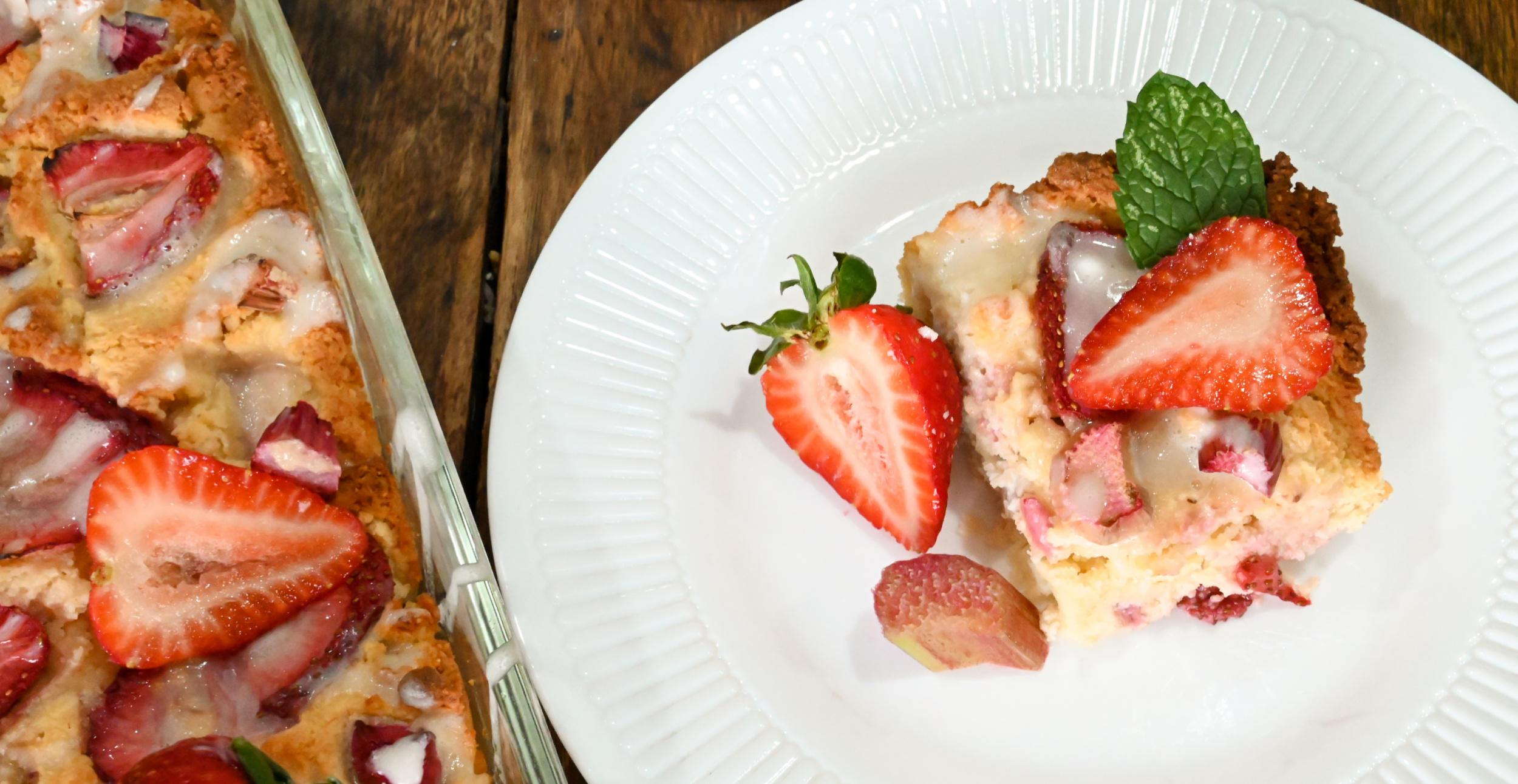 keto strawberry rhubarb cake served on a small white plate