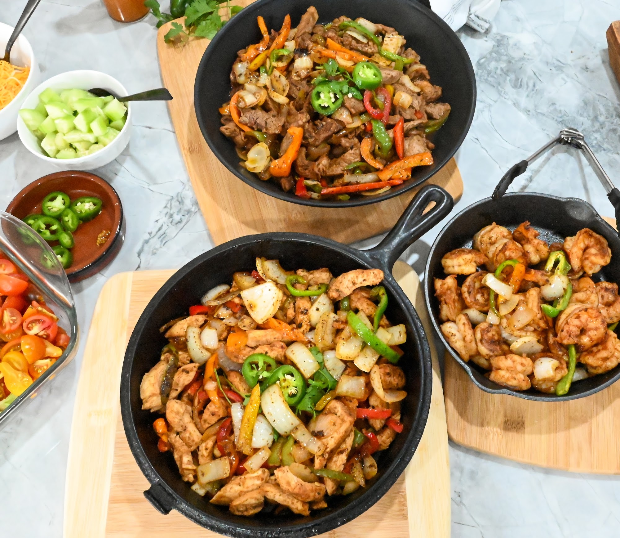 keto fajitas overhead shot on wood boards