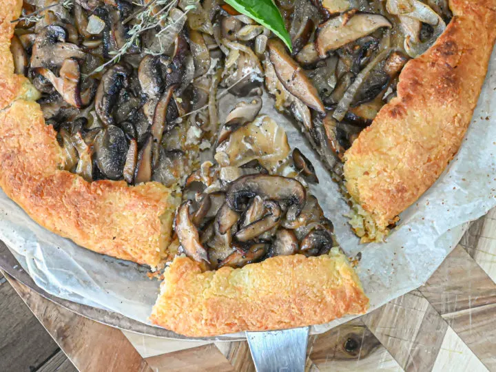 keto mushroom galette with slice being served