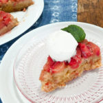 keto rhubarb upside down cake slice served with a scoop of vanilla keto friendly ice cream
