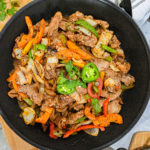 keto steak fajitas in cast iron skillet close up