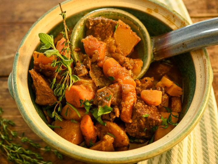 Keto Beef Stew served in a teal ceramic bowl Featured Image
