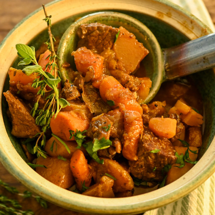 Keto Beef Stew served in a teal ceramic bowl Featured Image