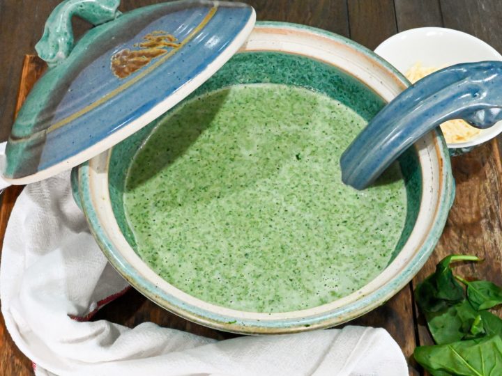 keto cream of spinach soup served in a teal soup tureen