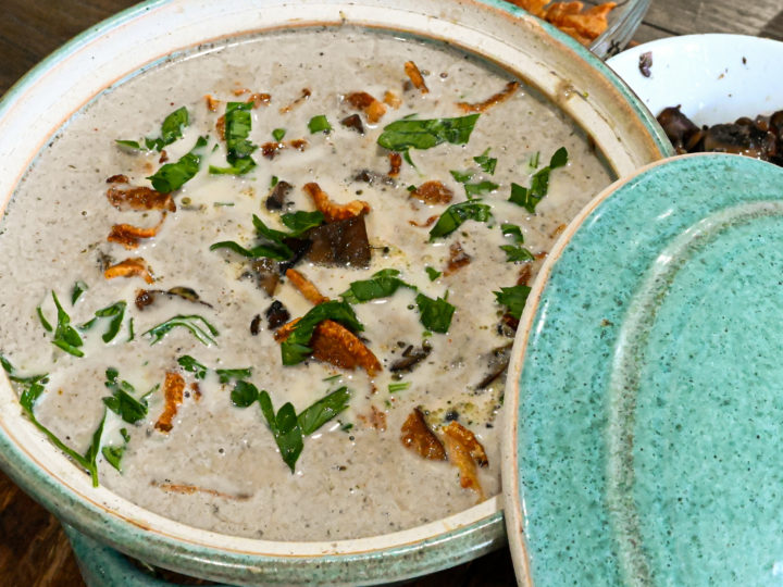 keto cream of mushroom soup served in teal earthen ware