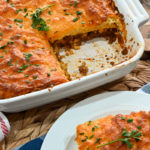 keto sloppy Joe casserole being served out of a white baking dish