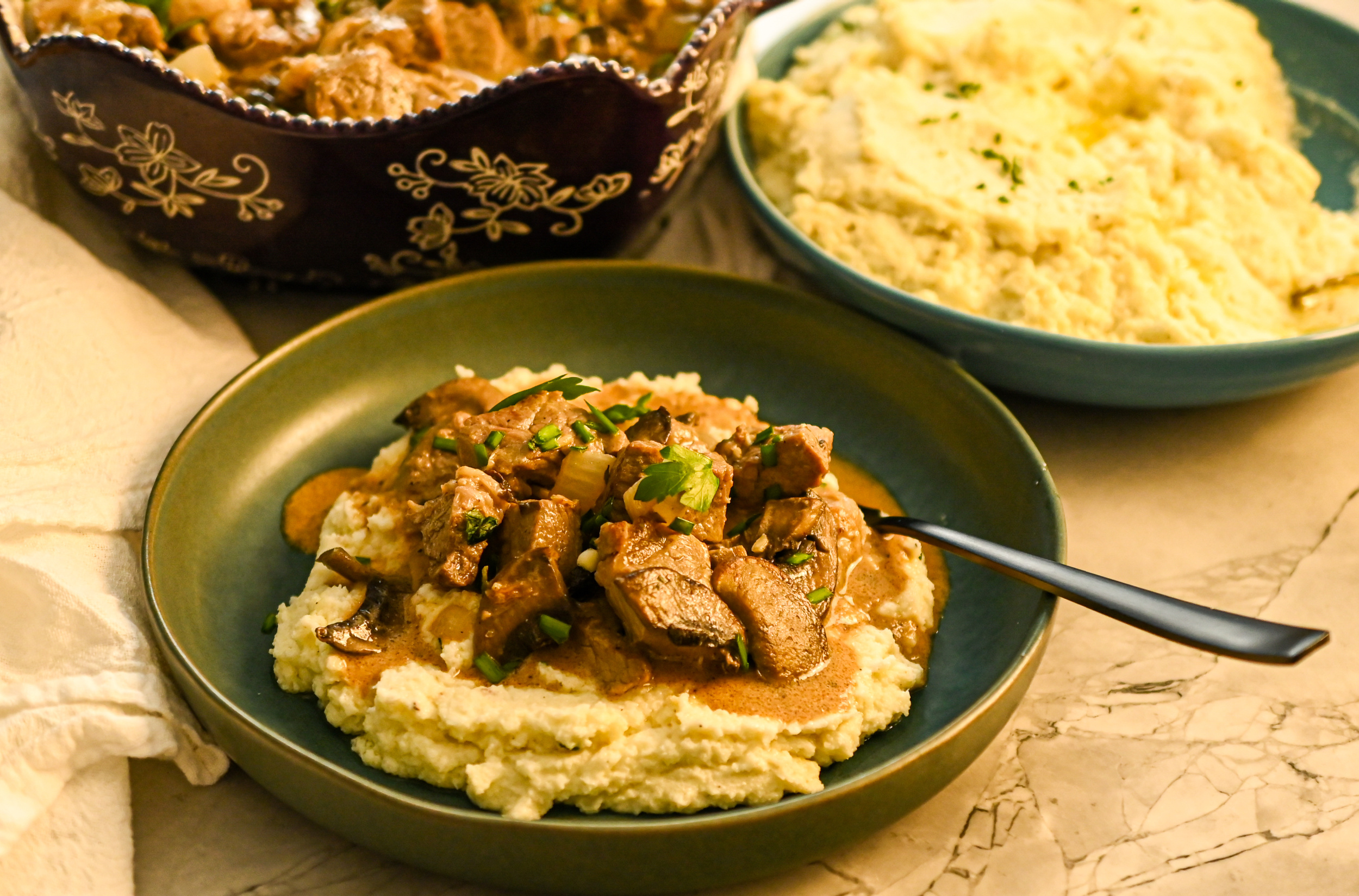 keto ribeye stroganoff with cauliflower mash