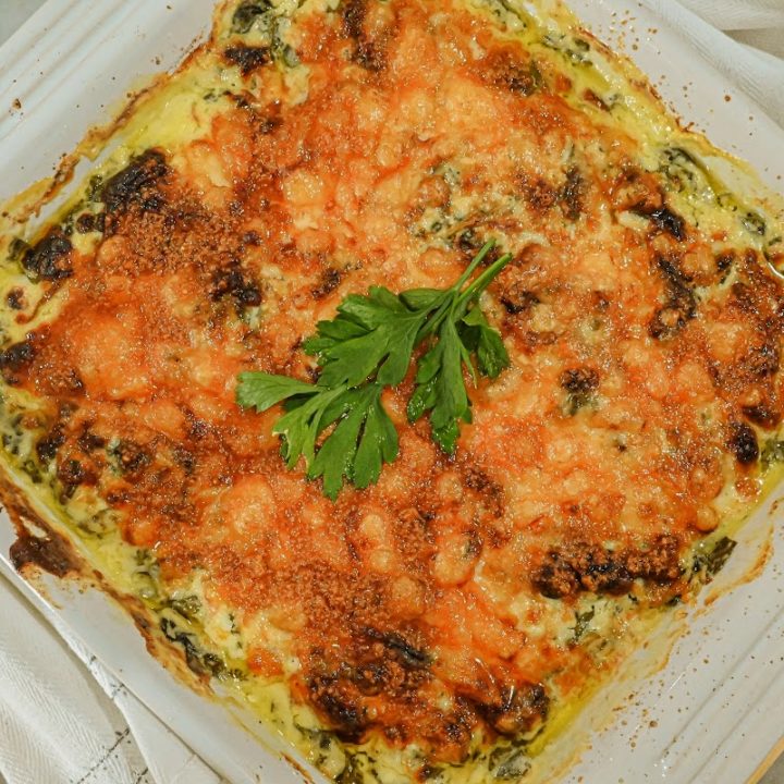 keto creamed spinach in white baking dish
