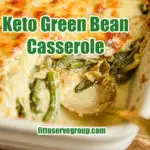 keto green bean casserole baked in a white baking dish