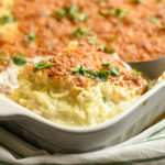 keto spaghetti squash alfredo casserole baked in a white baking dish