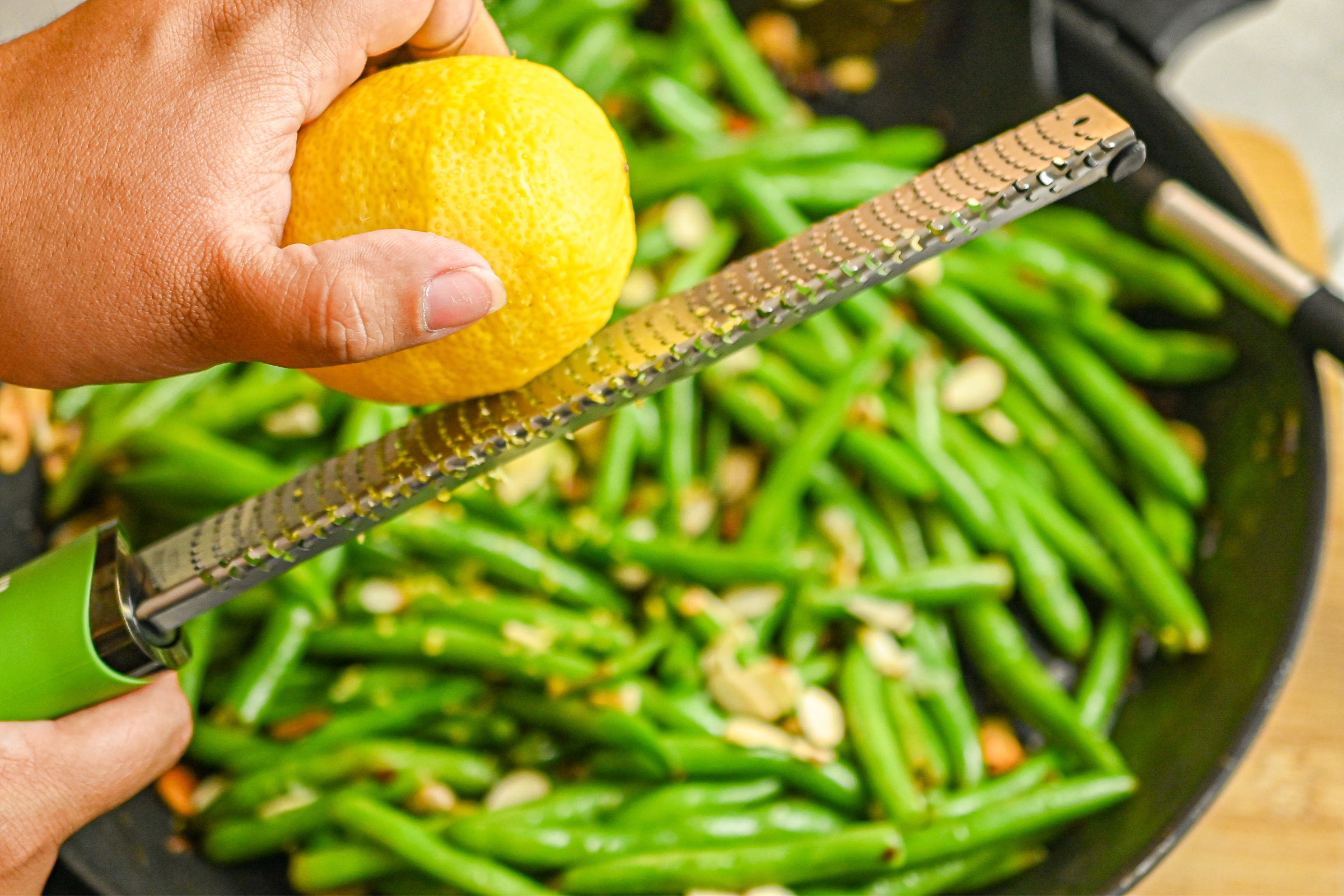 low carb green bean almondine with lemon zest