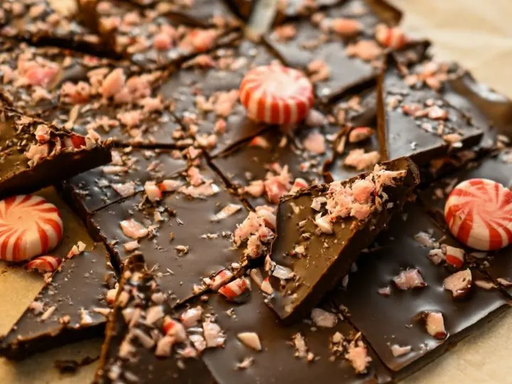 Low carb chocolate peppermint bark cut into pieces