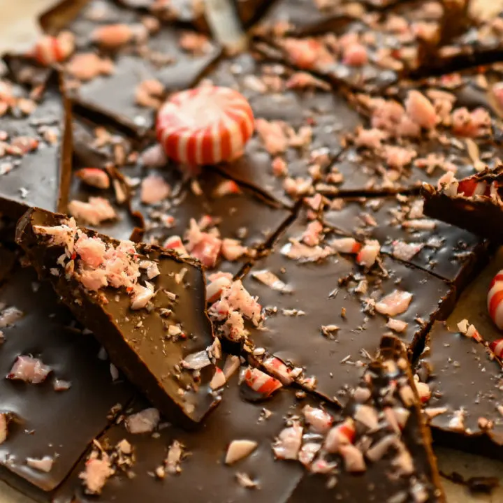 keto chocolate peppermint bark cut into pieces