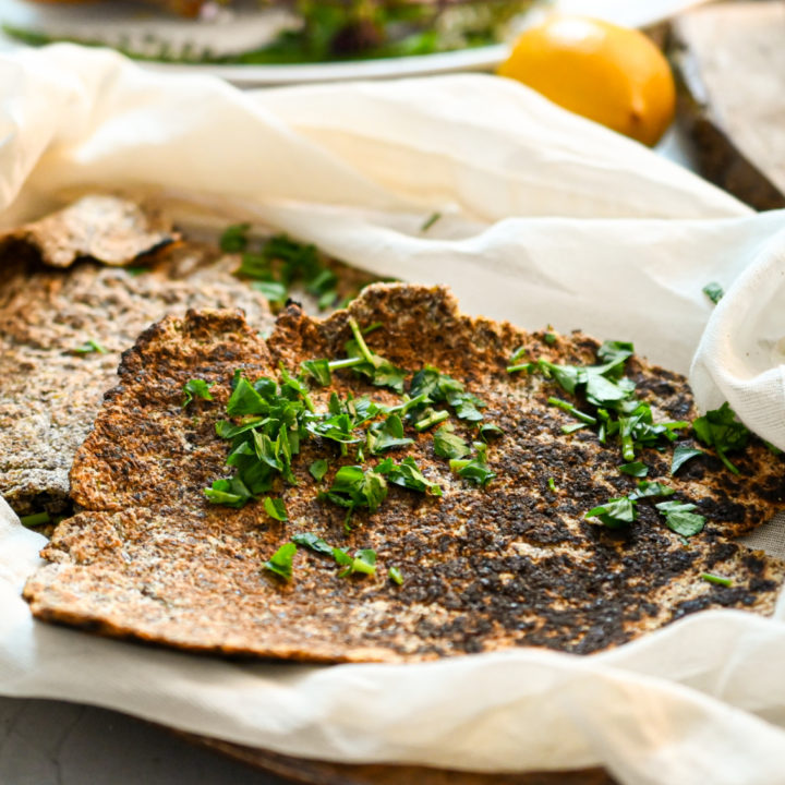 keto flatbread loosely wrapped in cheese cloth