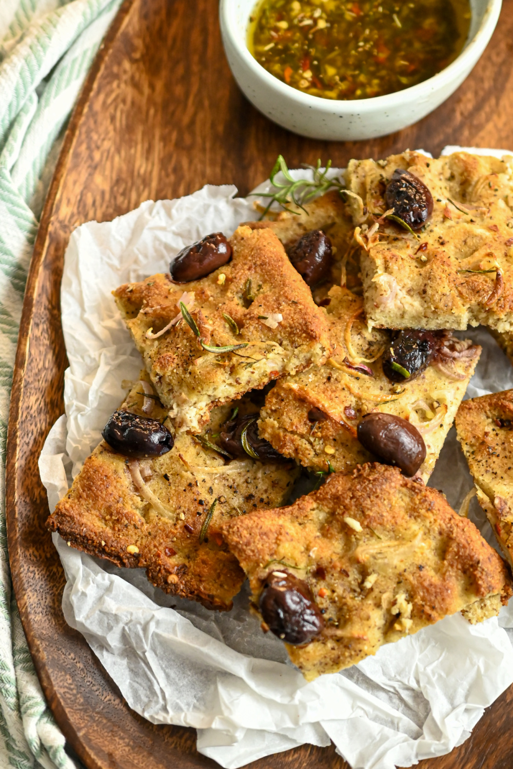 keto focaccia bread with seasoned olive oil dip