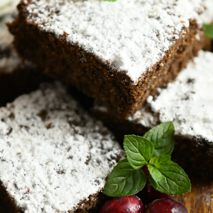 keto gingerbread snack cake on a wood board