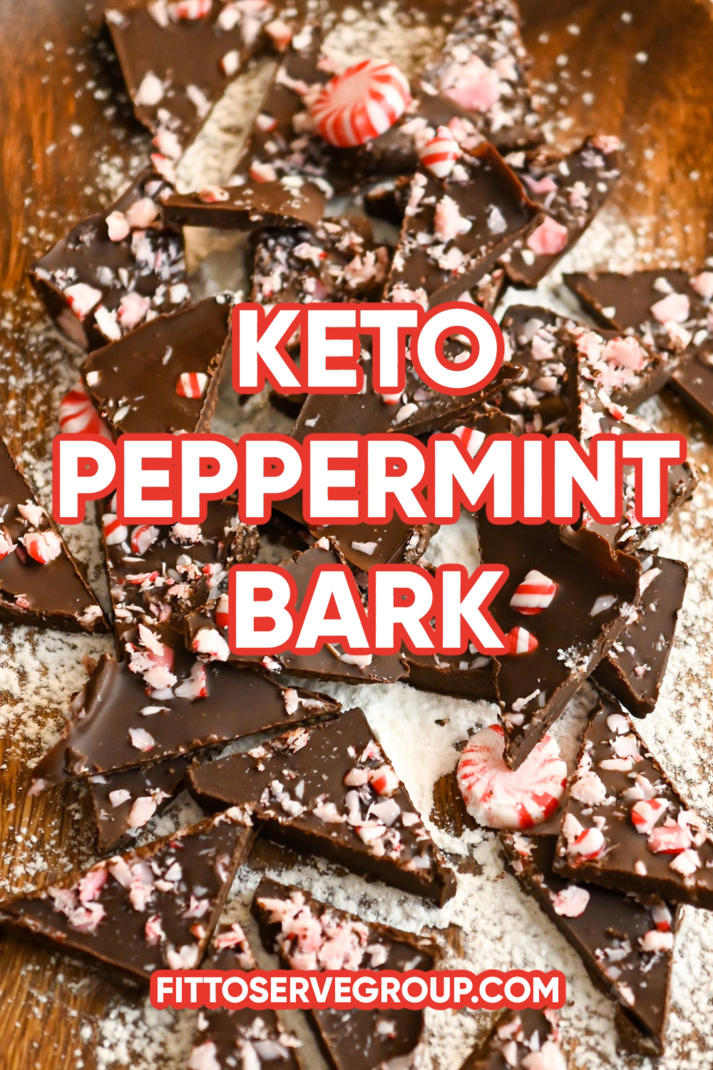 keto peppermint chocolate bark on a wooden board