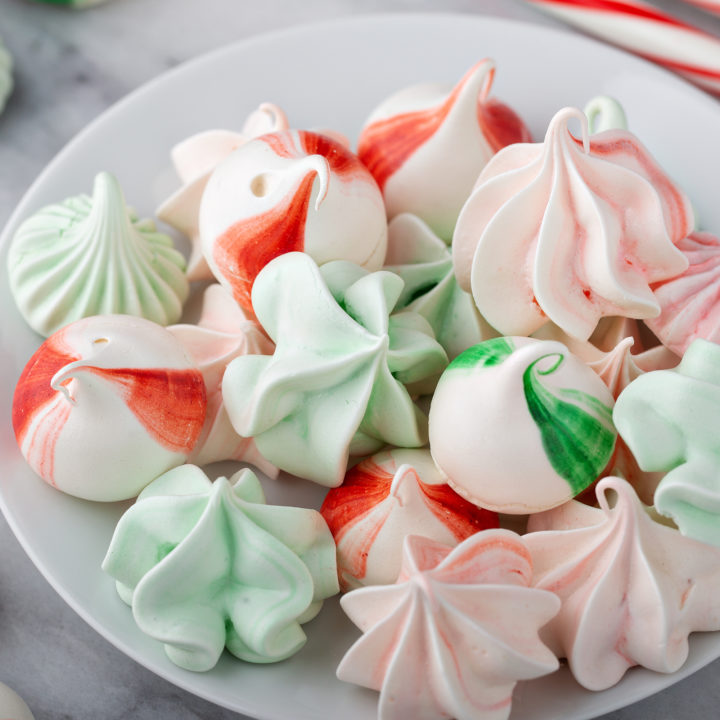 keto peppermint meringues on a white plate