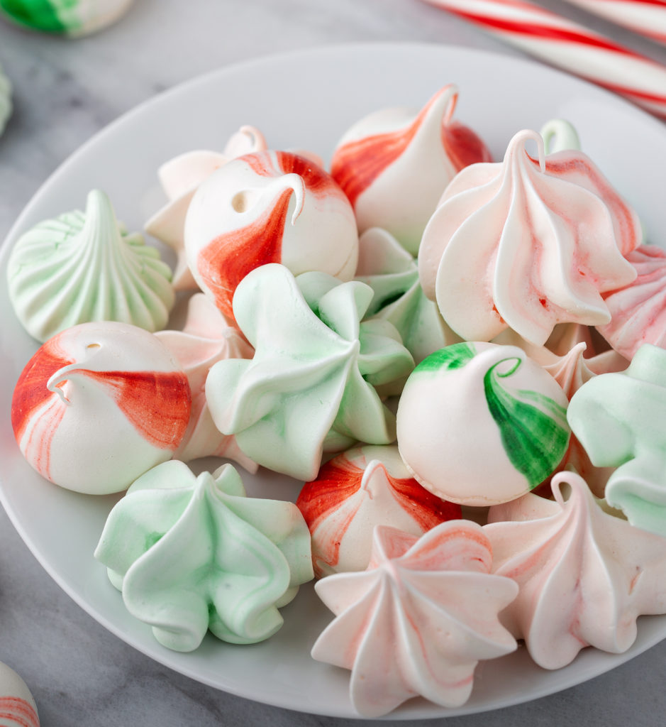 keto peppermint meringues on a white plate