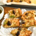 low carb focaccia bread served on a wooden board