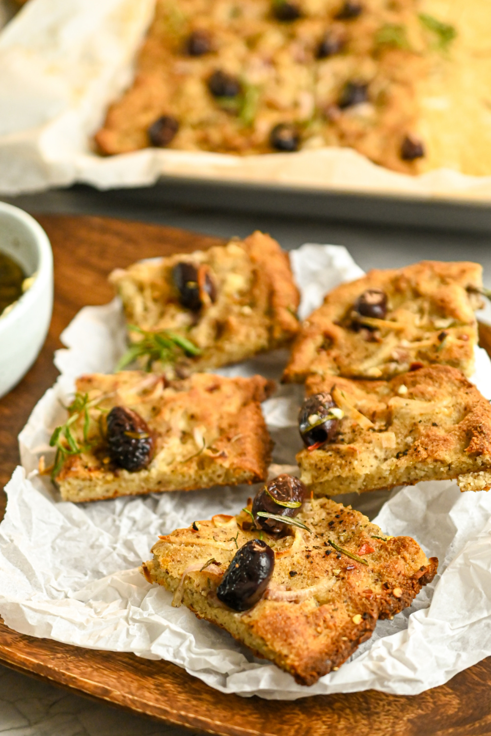 low carb focaccia bread served on a wooden board