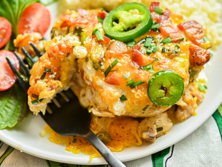 keto jalapeño popper chicken served on a white plate