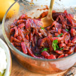 keto sumac caramelized onion spread in a clear bowl